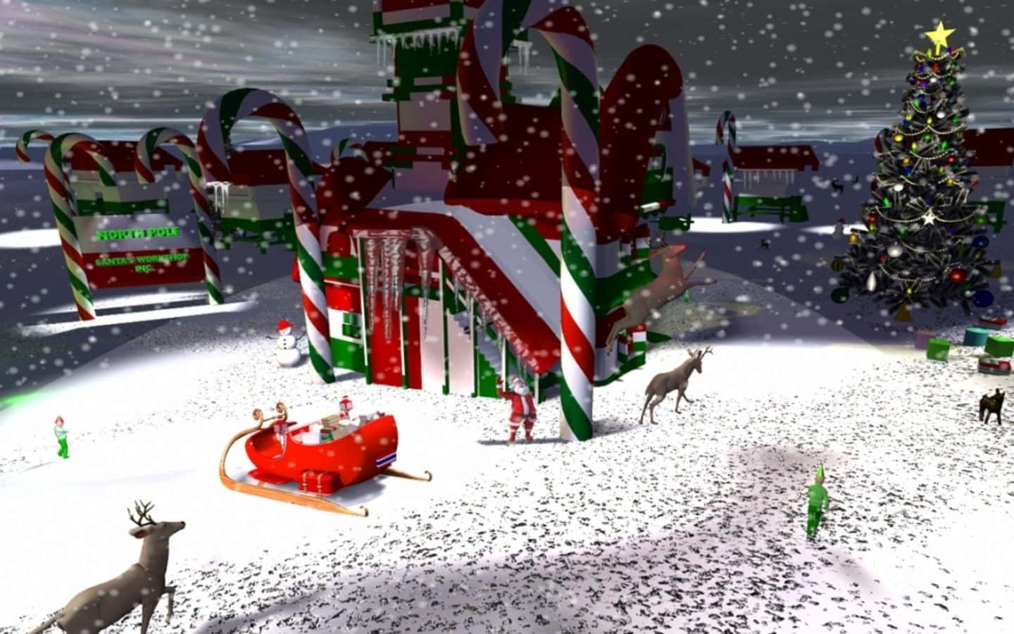 North Pole 桌布 壁紙 — 一個奇幻的3D渲染雪地聖誕村莊，擁有拐杖糖建築、馴鹿和雪橇，雪花飄落。