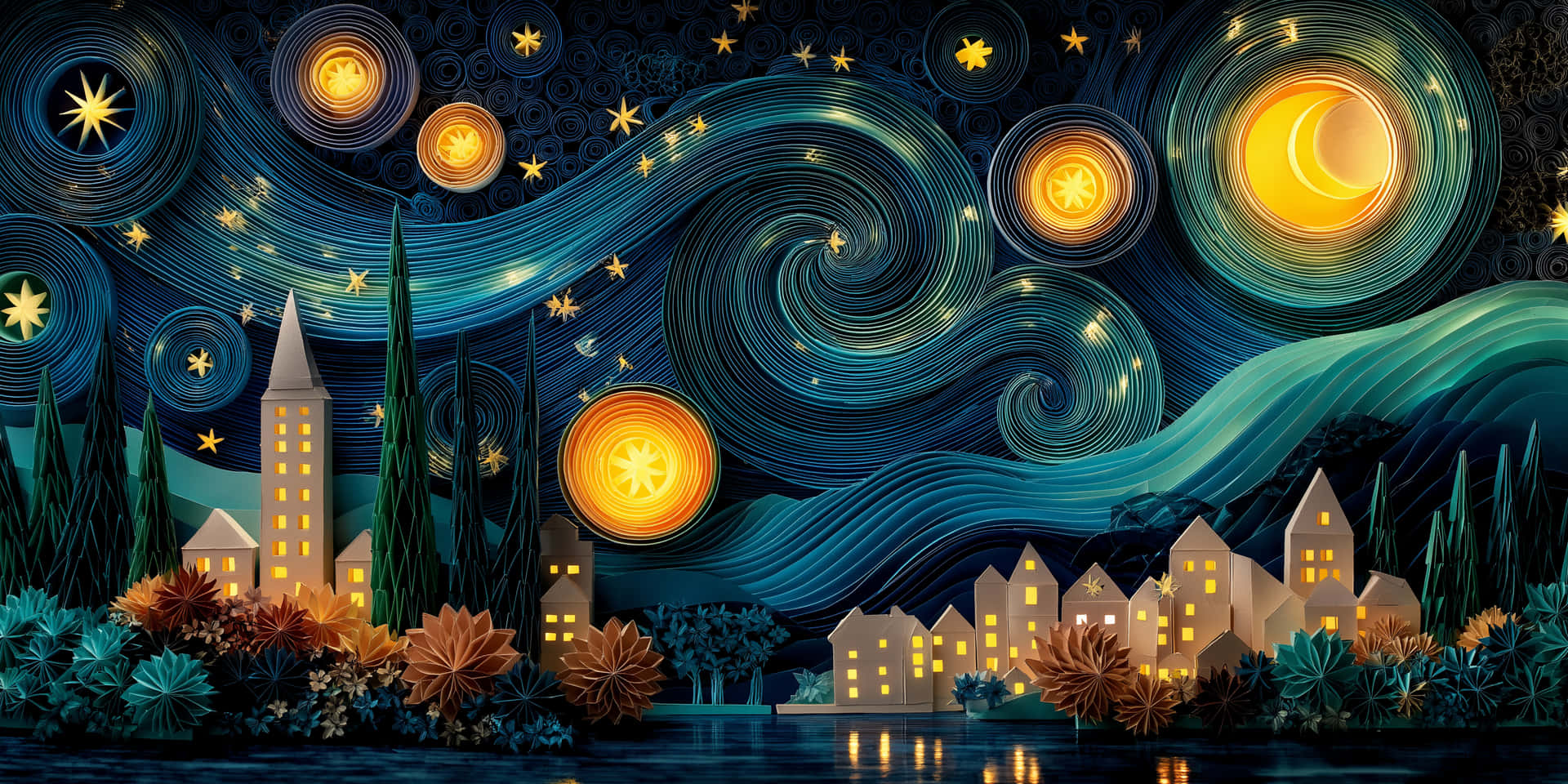 Whimsical Paper Quilling Night Sky Over Cozy Town 壁紙 — 一個奇幻的剪紙夜景，發光的月亮、漩渦和星空在一個窗戶亮著燈的迷人村莊上方。