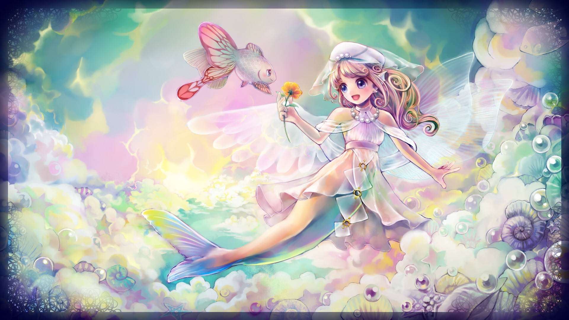 漂亮的桌面 桌布 壁紙 — 一個奇幻的動漫妖精，擁有魚尾和翅膀，漂浮在發光的雲朵中，手持一朵花，旁邊有一條色彩繽紛的魚在飛翔。