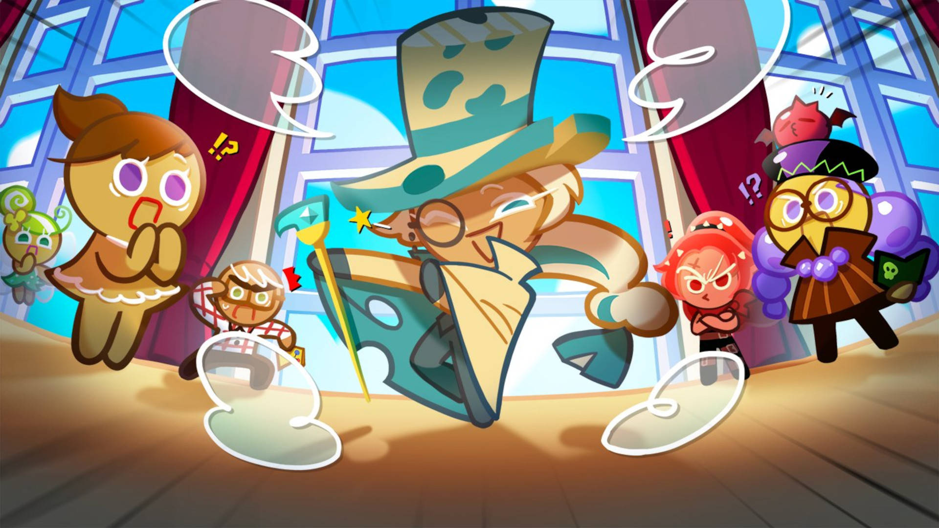 Cookie Run 桌布 壁紙 — 一個奇幻的動漫風格場景，餅乾角色在劇院中對一場戲劇表演做出反應。