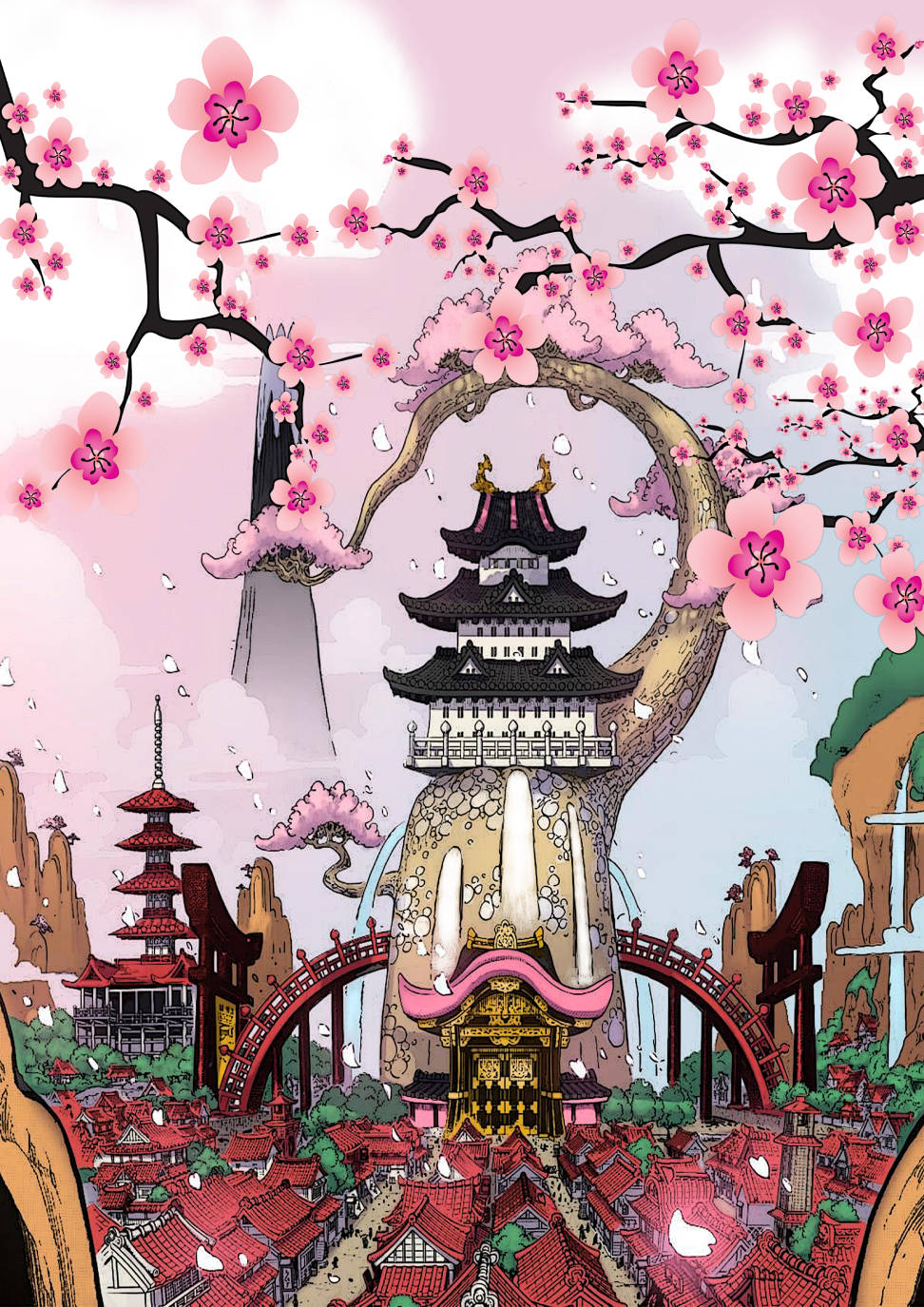 Wano 桌布 壁紙 — 一個奇幻的動漫風格日本小鎮，坐落在一棵巨大的櫻花樹下，襯托著一座寶塔和紅頂建築。