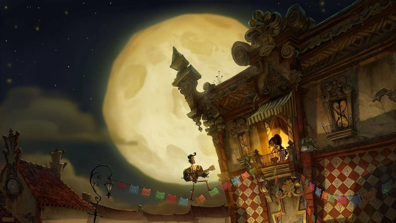 電影動圖 桌布 壁紙 — 一個奇幻的夜景，巨大月亮在華麗建築後方，音樂家在屋頂彈吉他，而一個人物在陽台觀看。