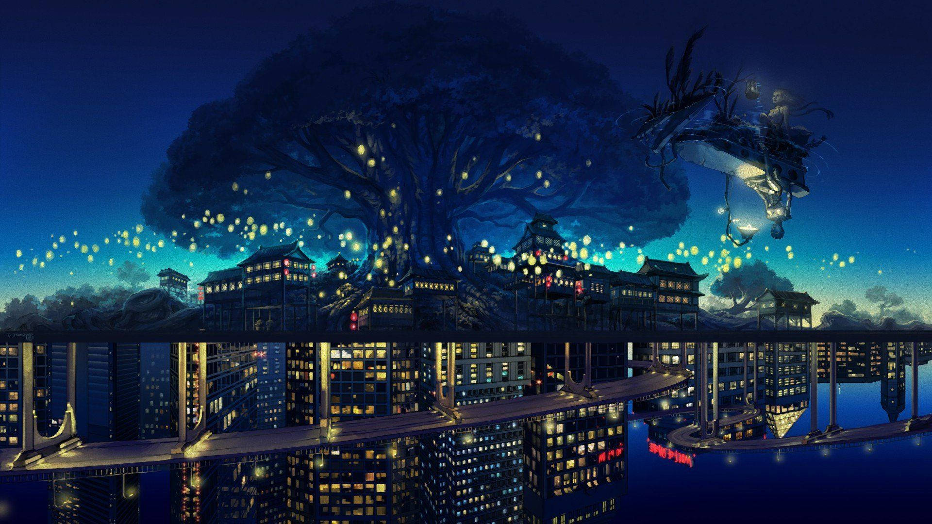 lights 桌布 壁紙 — 一個奇幻的夜景，發光的樹漂浮在鏡像城市景觀之上，一條龍在頭頂飛翔。
