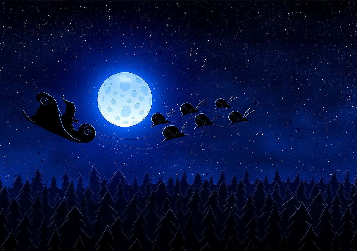 午夜 桌布 壁紙 — 一個奇幻的夜景，雪橇由蝸牛拉著，在黑暗森林上方發光的月亮下飛行。