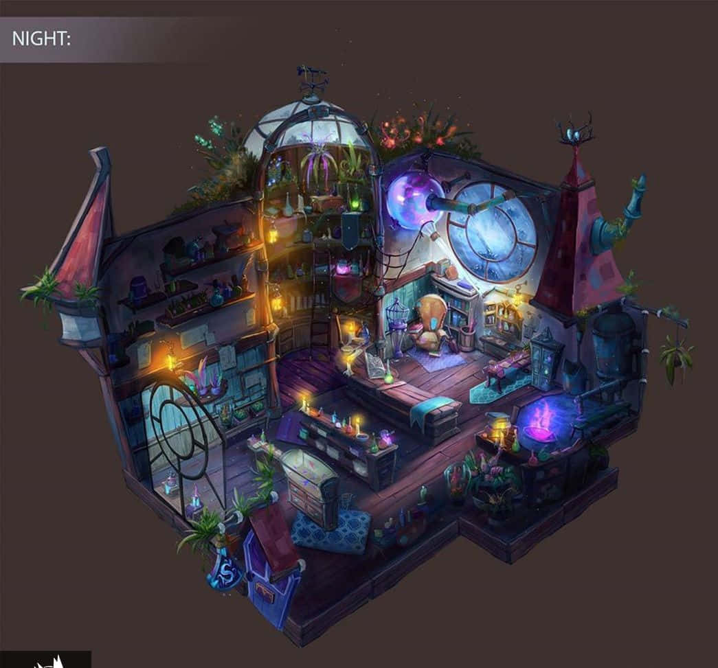 Game Design 桌布 壁紙 — 一個奇幻的夜間橫截面，展示了一個雜亂、神奇的發明家工作室，裡面充滿了發光的藥水和神秘的小工具。