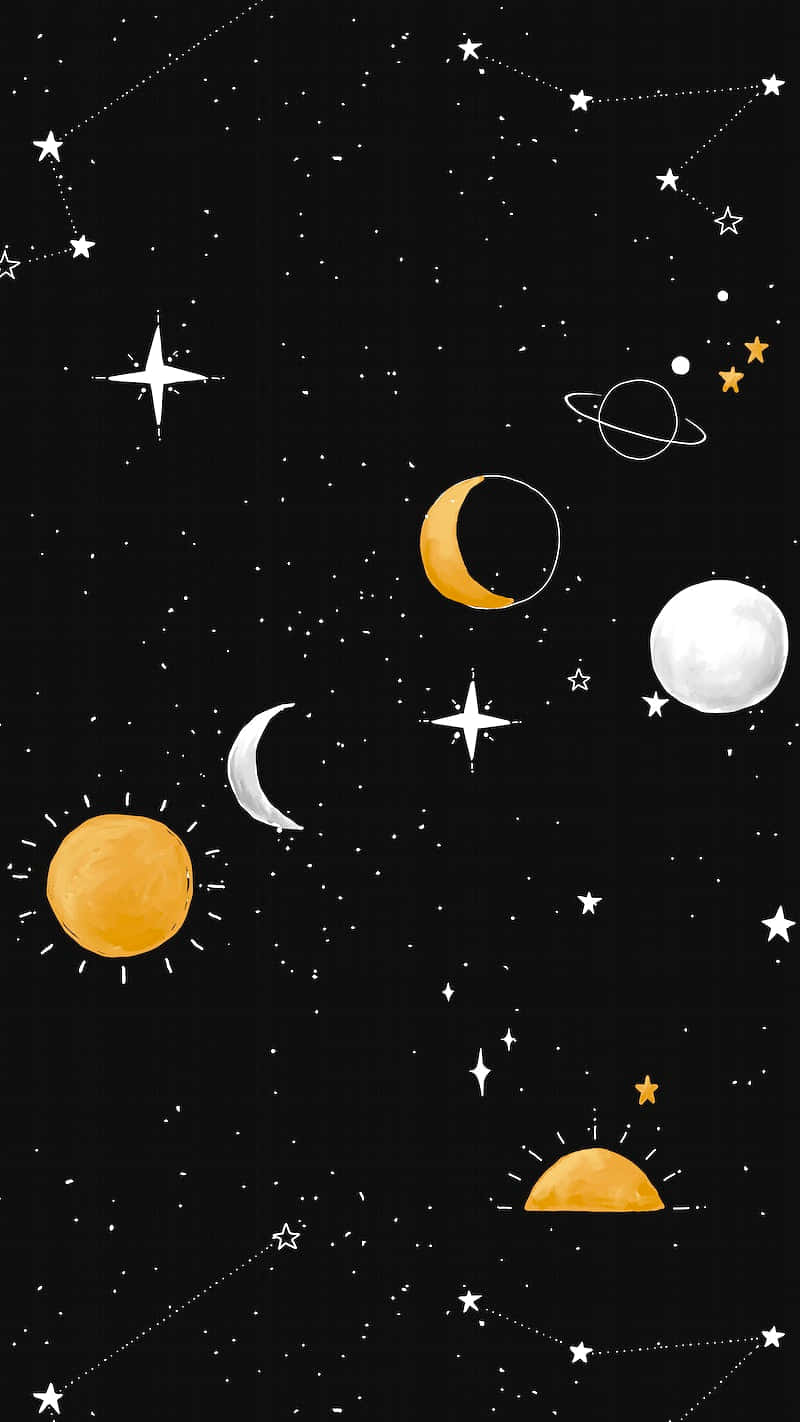 美學 iPhone 壁紙 桌布 壁紙 — 一個奇幻的天體場景，有風格化的行星、月球、星星和星座漂浮在黑色背景上。