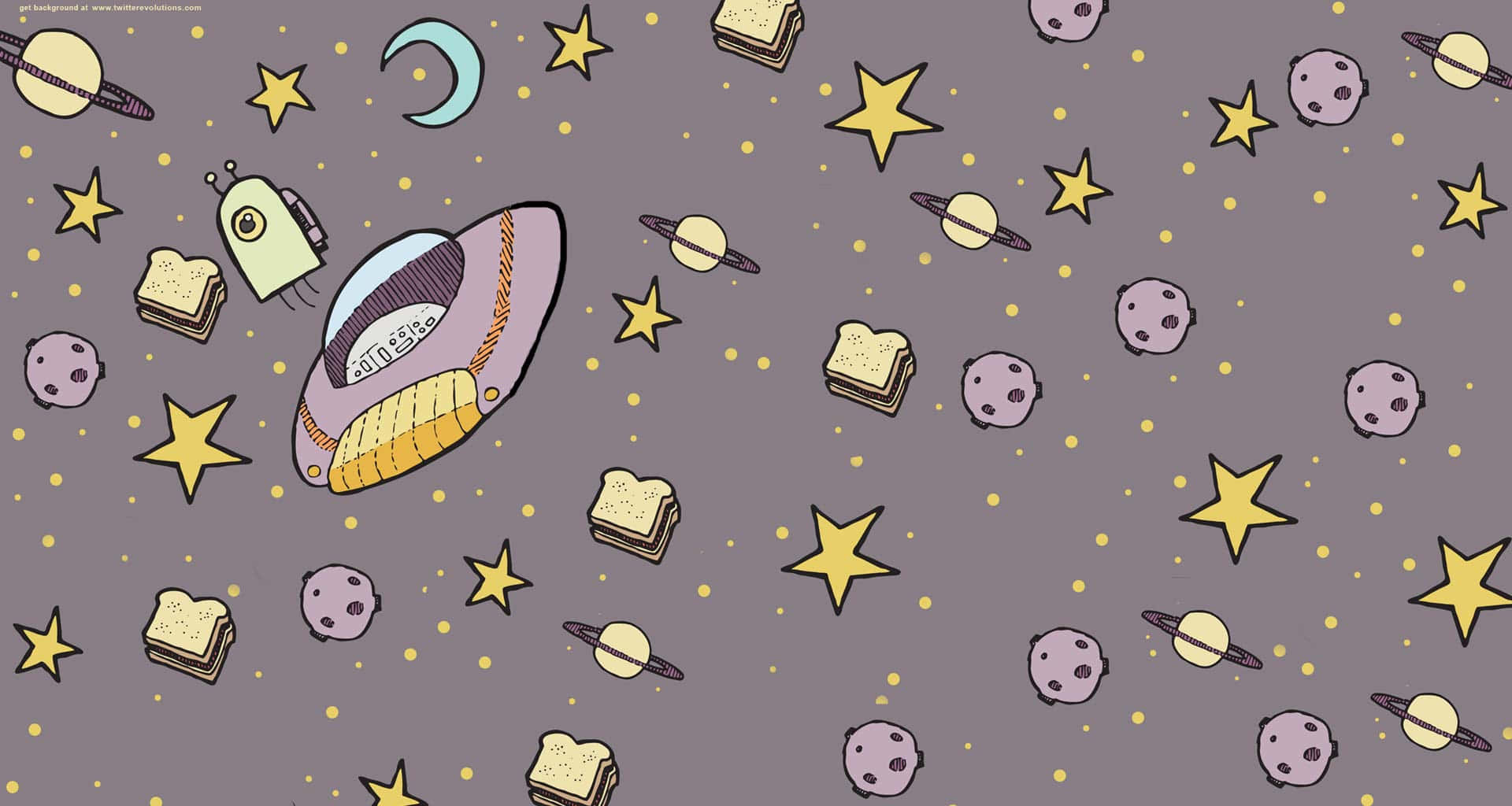 Kawaii Space 桌布 壁紙 — 一個奇幻的太空場景，UFO在星星、行星和漂浮的三明治之間飛行，背景為紫色。
