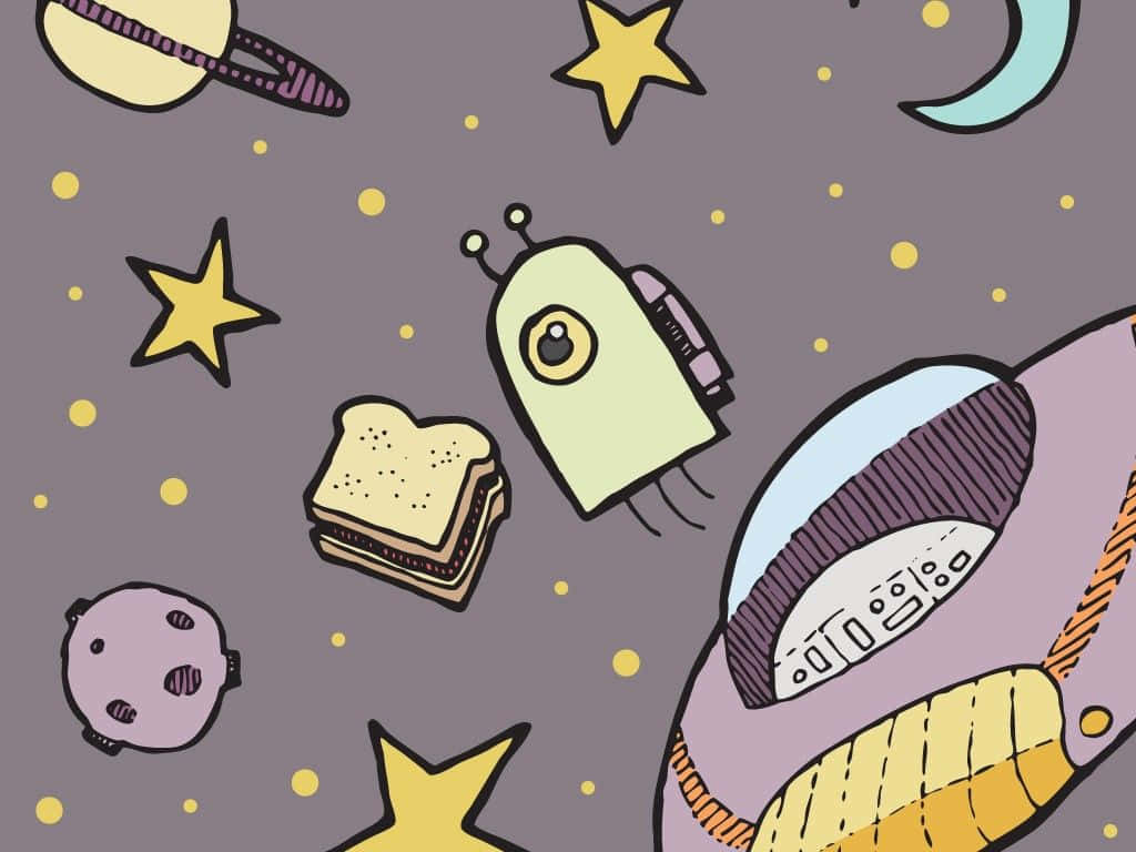 圖案 桌布 壁紙 — 一個奇幻的太空場景，有機器人、三明治、UFO、星星和月亮，背景是紫色宇宙。