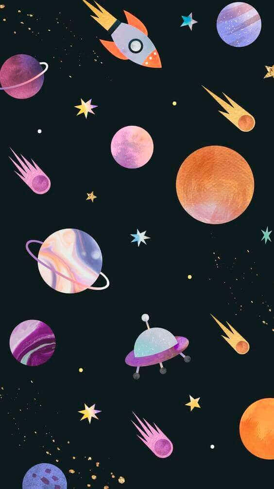 Black Phone 桌布 壁紙 — 一個奇幻的宇宙場景，色彩繽紛的行星、火箭和UFO在繁星點點的黑暗背景中漂浮。
