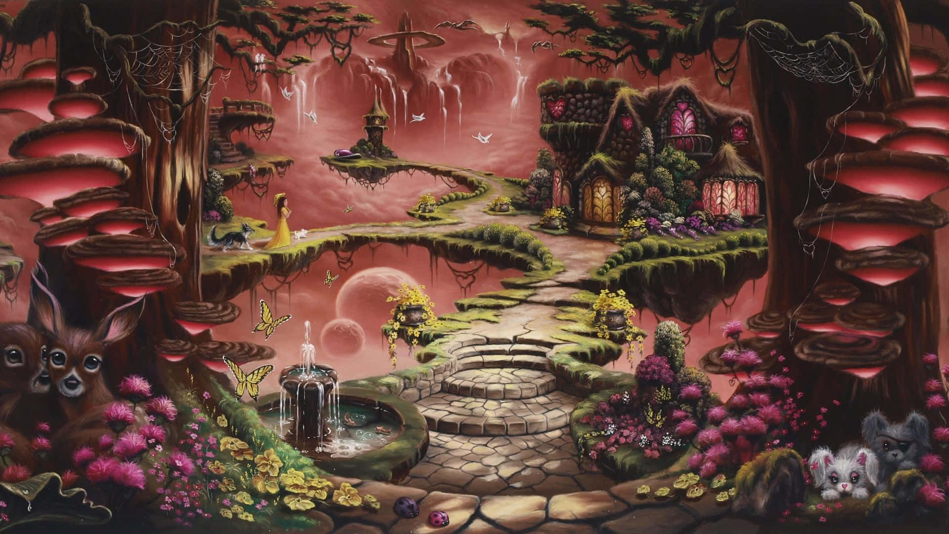 Land Art 桌布 壁紙 — 一個奇幻的幻想景觀，有浮島、發光的蘑菇、石徑和深紅天空下的童話小屋。