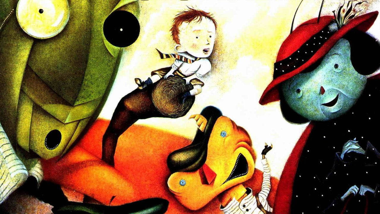 Giant 桌布 壁紙 — 一個奇幻的插圖，描繪一個孩子騎著一隻巨大的橙色生物，周圍是超現實、友好的怪物角色，場景如夢似幻。