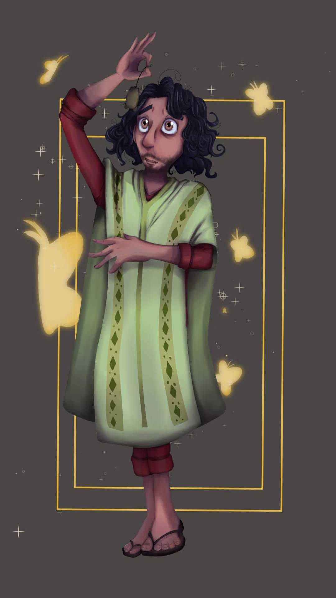 Bruno Madrigal 桌布 壁紙 — 一個奇幻的插畫角色，擁有捲曲的頭髮和發光的蝴蝶，在黑暗背景下的金色畫框內跳舞。