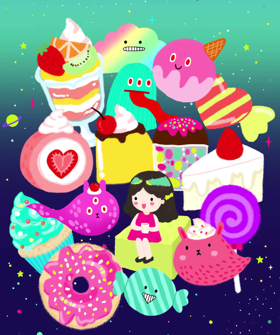 彩色動圖 桌布 壁紙 — 一個奇幻的數位插畫，描繪一個女孩被微笑的糖果和甜點角色環繞，漂浮在星光燦爛的宇宙背景中。