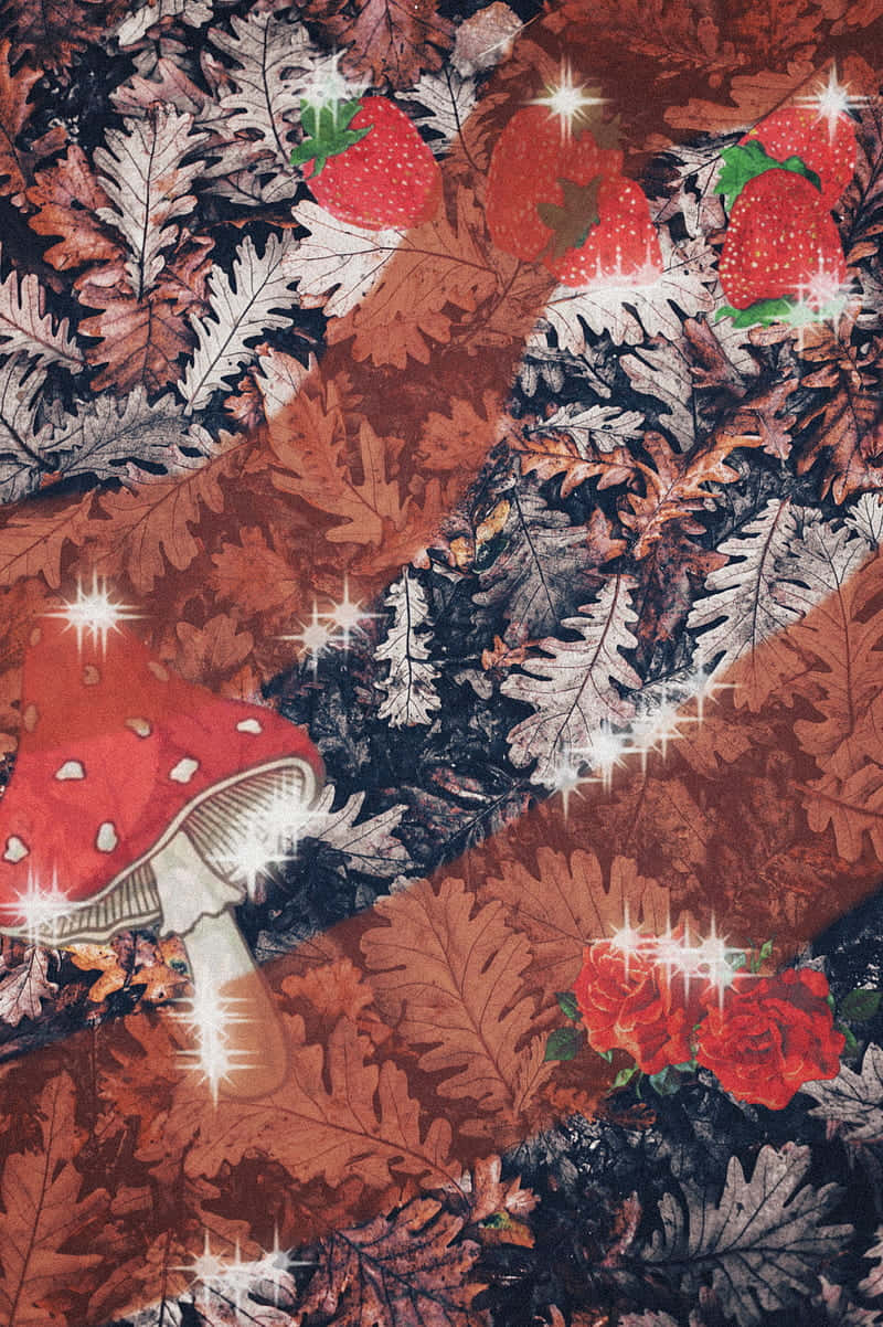 Mushroom Aesthetic 桌布 壁紙 — 一個奇幻的森林地面，覆蓋著秋葉，有發光的紅色蘑菇、草莓和玫瑰，閃爍著星光。
