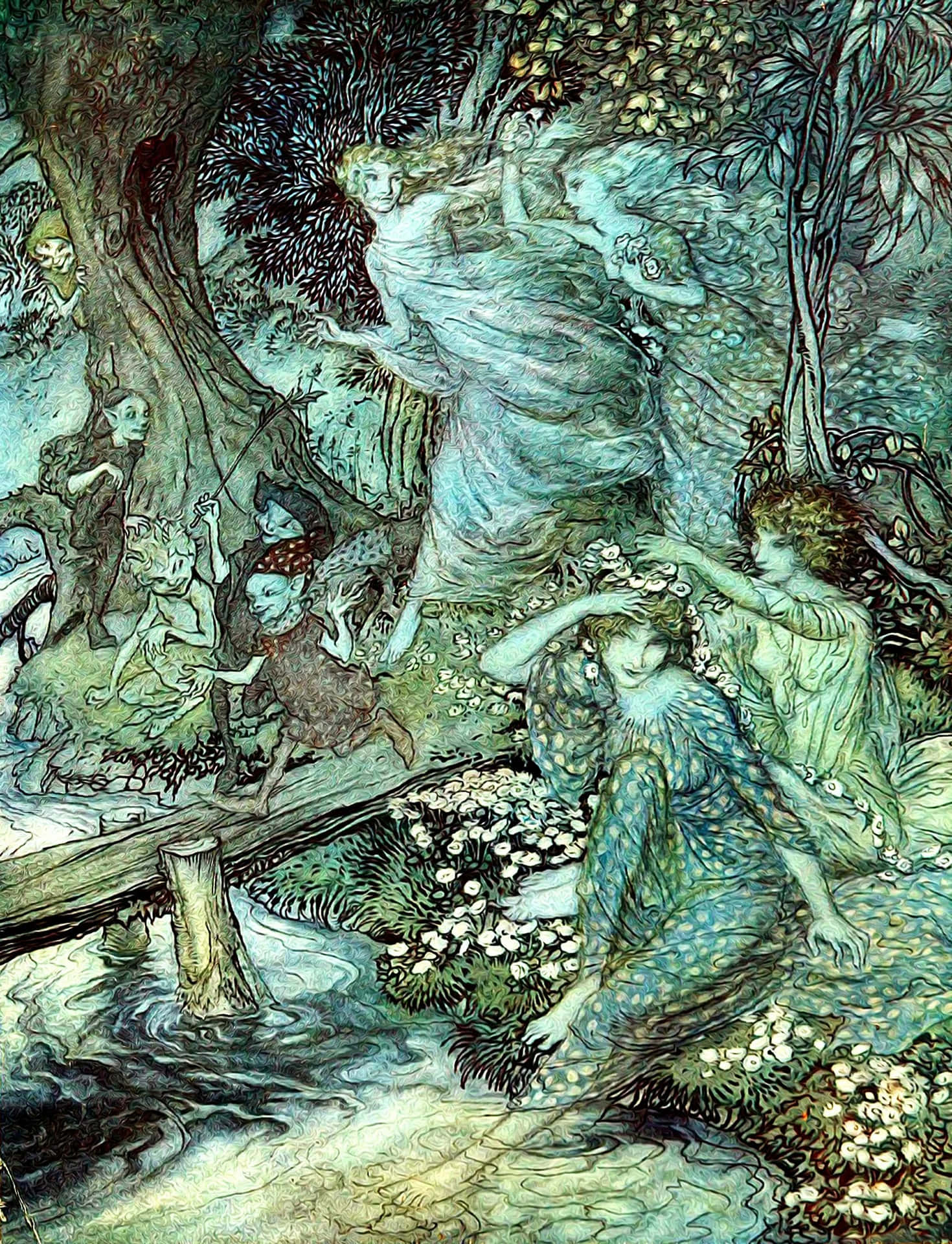 仙女 桌布 壁紙 — 一個奇幻的森林場景，仙女和森林生物聚集在樹冠下的溪流旁。