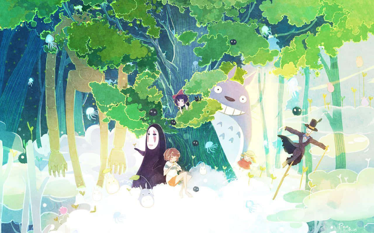吉卜力 桌布 壁紙 — 一個奇幻的森林場景，有巨大的龍貓、孩子們和魔法生物，在發光的綠樹下。