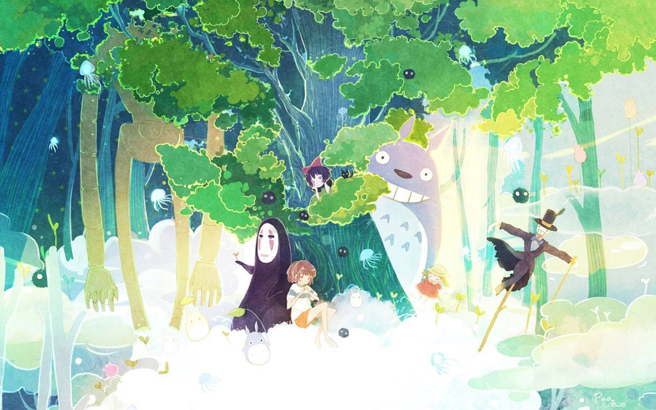 吉卜力工作室 桌布 壁紙 — 一個奇幻的森林場景，龍貓和朋友們在發光的綠色樹木下，柔和粉彩光線中。