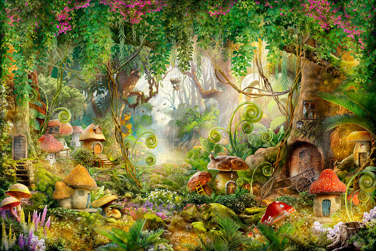 magical 桌布 壁紙 — 一個奇幻的森林空地，蘑菇屋隱藏在茂密的綠植和發光的藤蔓中，陽光斑駁。