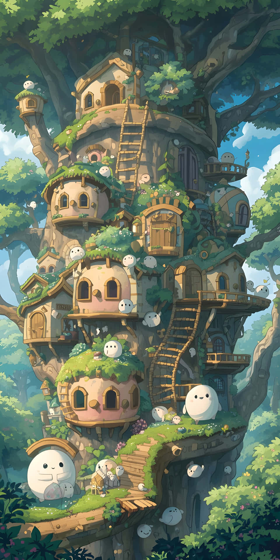 Magical Woodland Tree Village Anime Style Wallpaper 壁紙 — 一個奇幻的樹屋村莊，坐落在巨樹中，有長滿青苔的屋頂，以及從窗戶和陽台探出頭來的微笑白色生物。