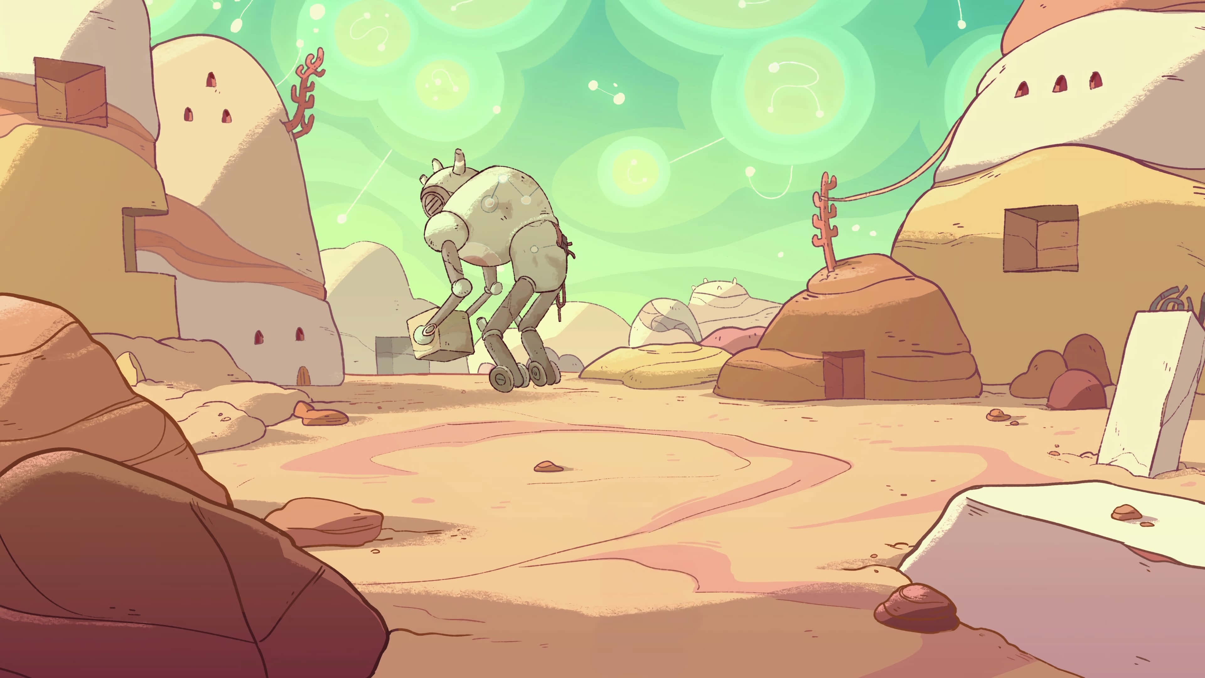 探險活寶 桌布 壁紙 — 一個奇幻的機器人走過一個沙漠村莊，村莊有粉彩岩石住宅，天空發出綠色光芒。