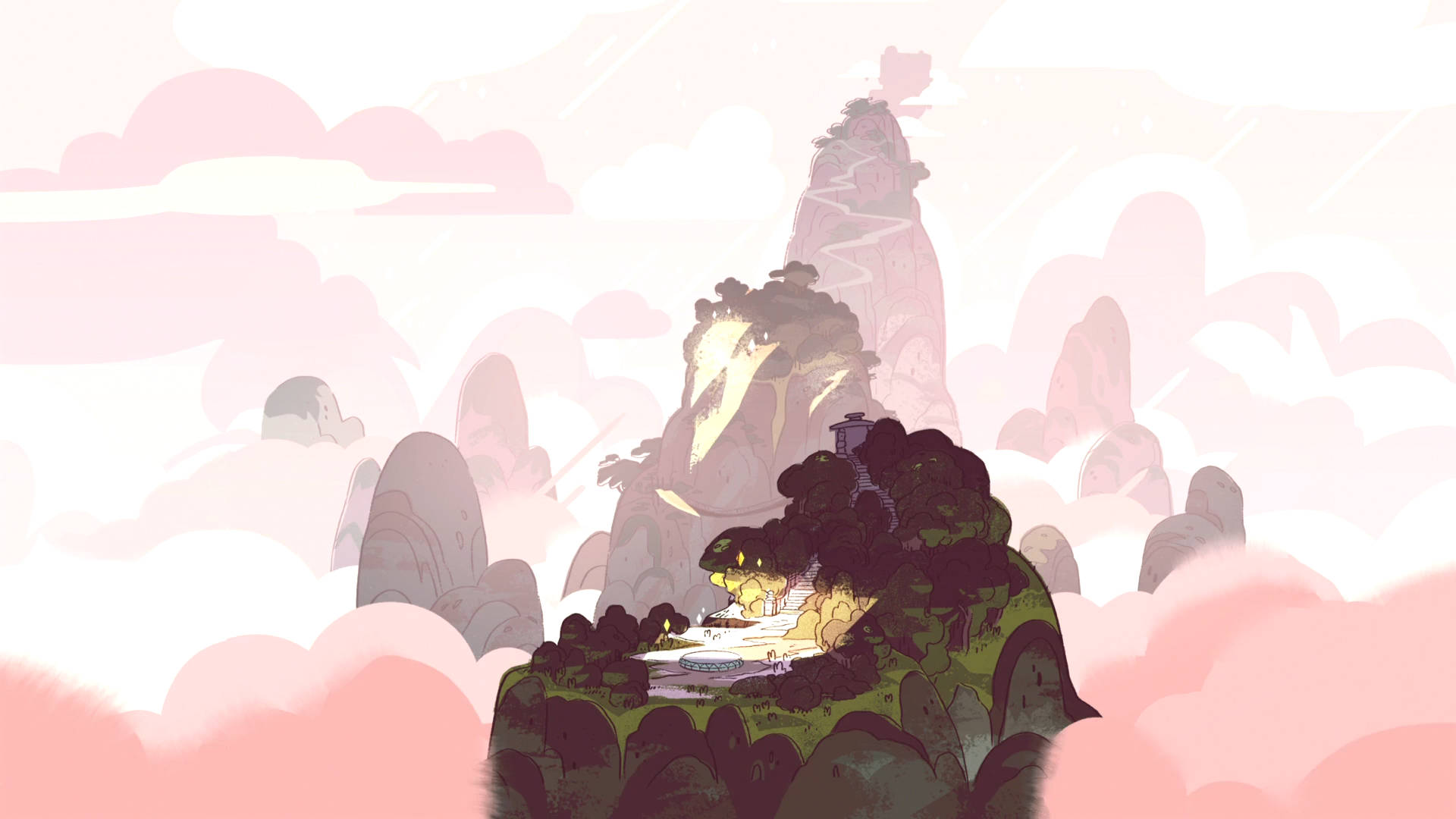 Cartoon Network 桌布 壁紙 — 一個奇幻的浮島，帶有發光的瀑布，坐落在柔軟的粉紅雲朵和鋸齒狀山峰之間。