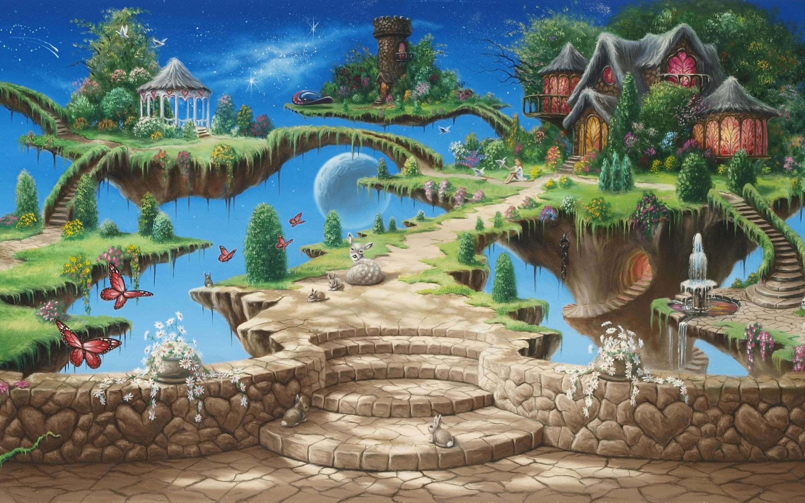 Land Art 桌布 壁紙 — 一個奇幻的浮島景觀，有仙女屋、石徑、蝴蝶和月光照耀的天空。