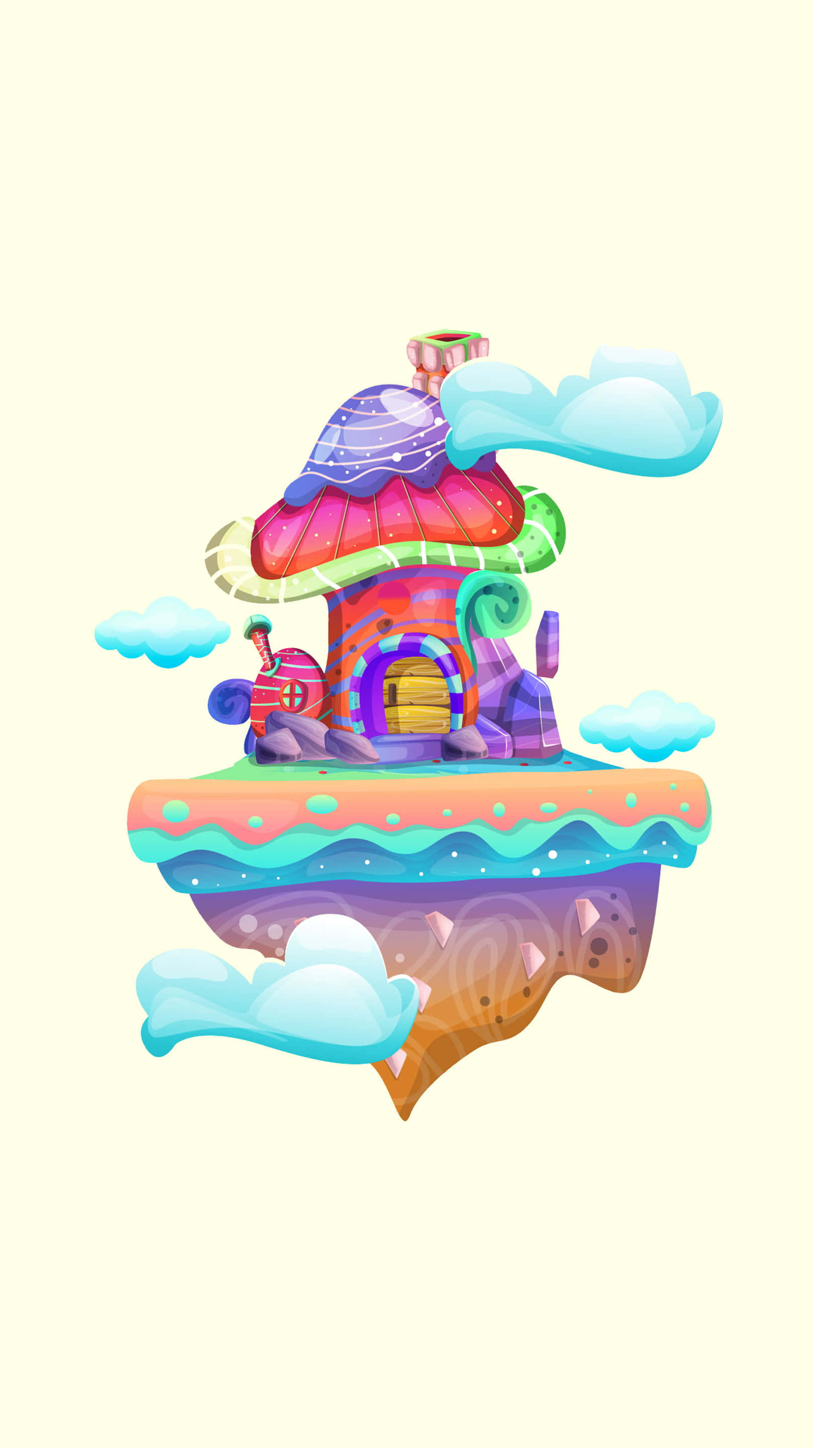 Kawaii Mushroom 桌布 壁紙 — 一個奇幻的漂浮島嶼房屋，擁有巨大的蘑菇屋頂和糖果色的雲朵環繞。