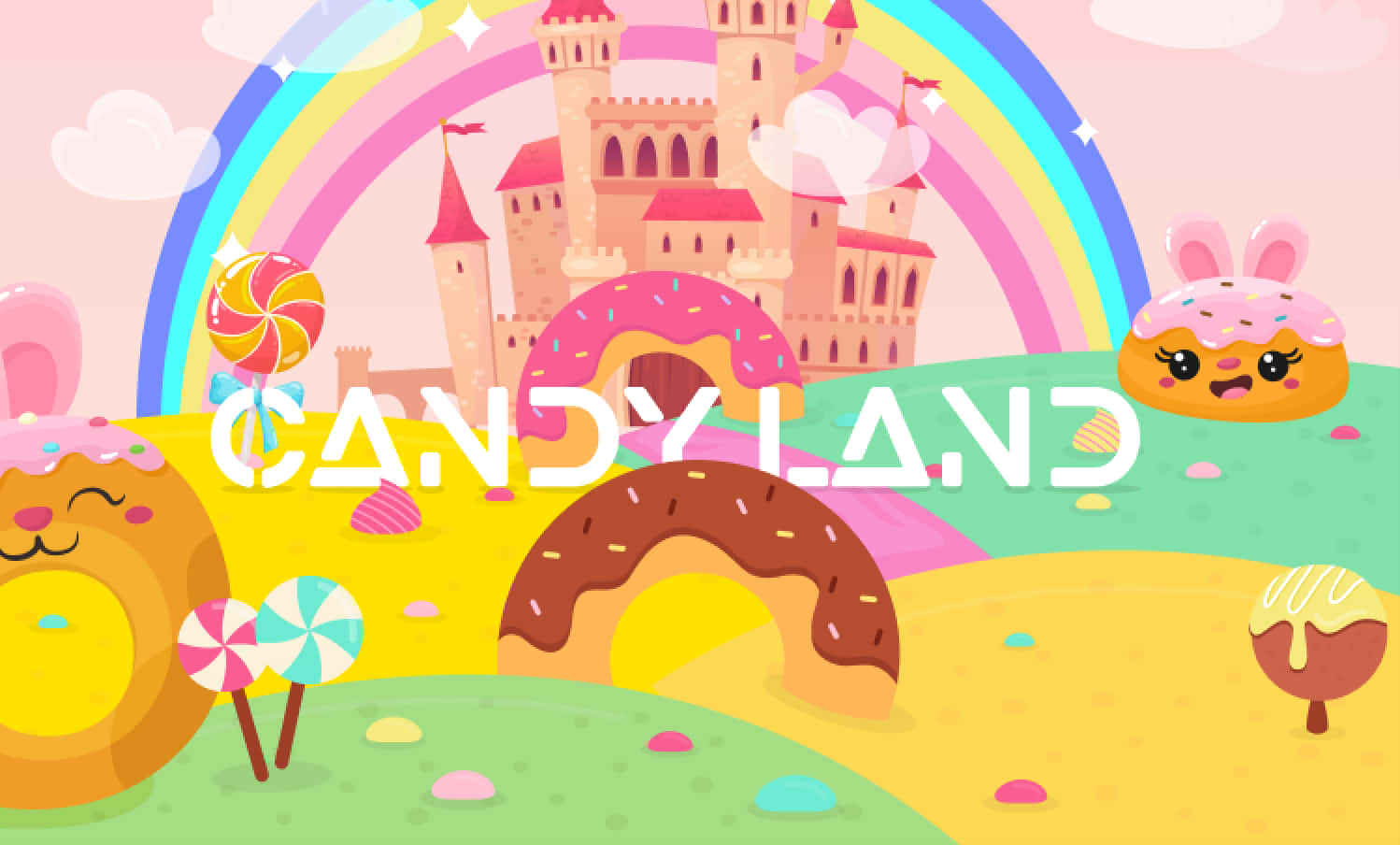 Candy Land 桌布 壁紙 — 一個奇幻的糖果主題景觀，包含城堡、彩虹棒棒糖和微笑的甜甜圈，背景是柔和色調的天空。