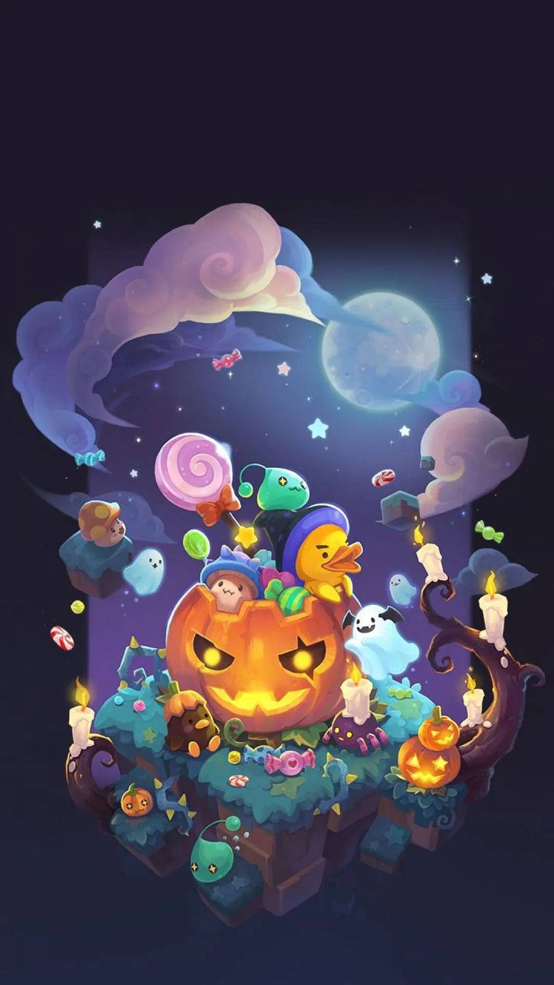 卡通萬聖節 桌布 壁紙 — 一個奇幻的萬聖節場景，發光的傑克南瓜燈周圍環繞著漂浮的糖果幽靈和星夜中的新月。