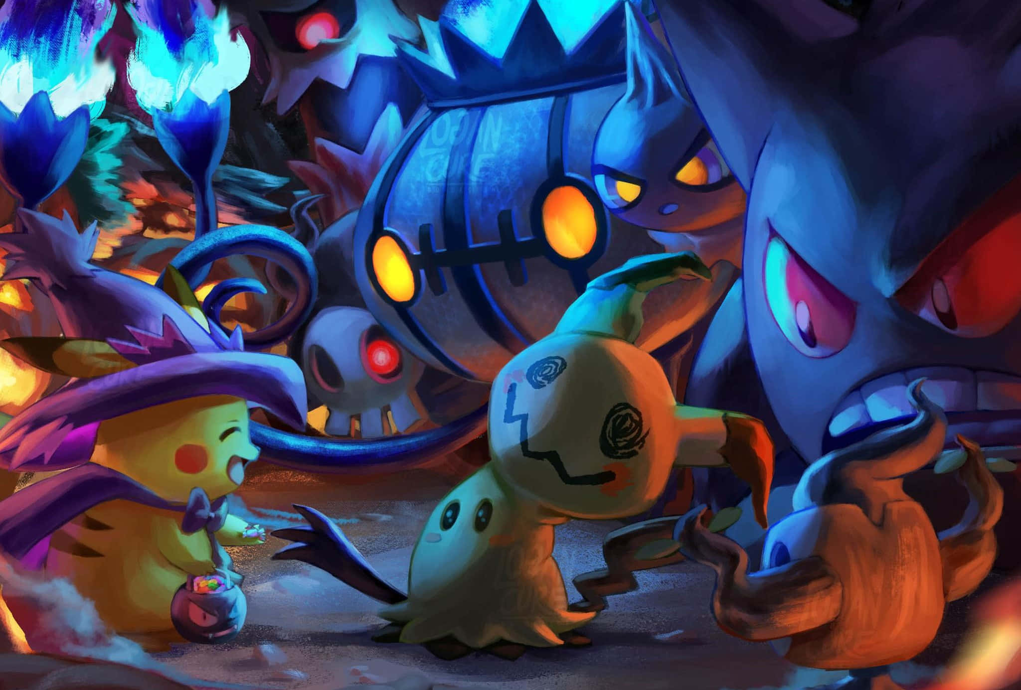 Pokemon Halloween 桌布 壁紙 — 一個奇幻的萬聖節場景，皮卡丘戴著巫師帽，幽靈寶可夢被發光的藍色和橙色燈光包圍。