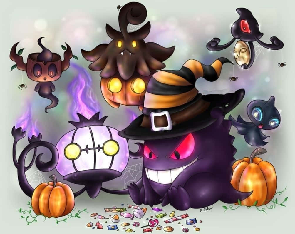 Ghost Pokemon 桌布 壁紙 — 一個奇幻的萬聖節場景，紫色幽靈戴著巫婆帽，周圍環繞著糖果南瓜和漂浮的恐怖生物。