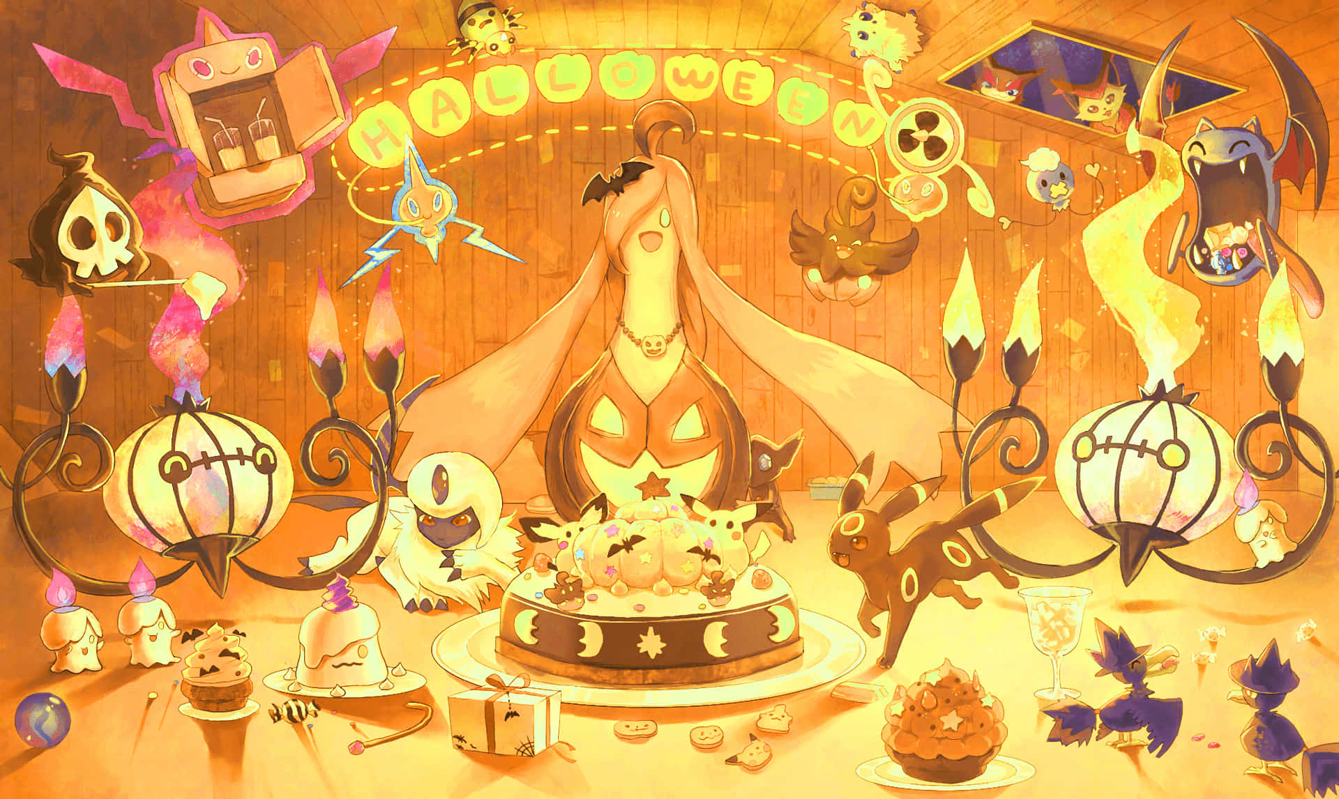 Pokemon Fan Art 桌布 壁紙 — 一個奇幻的萬聖節派對場景，寶可夢角色在溫暖發光的燈籠下圍繞著蛋糕。