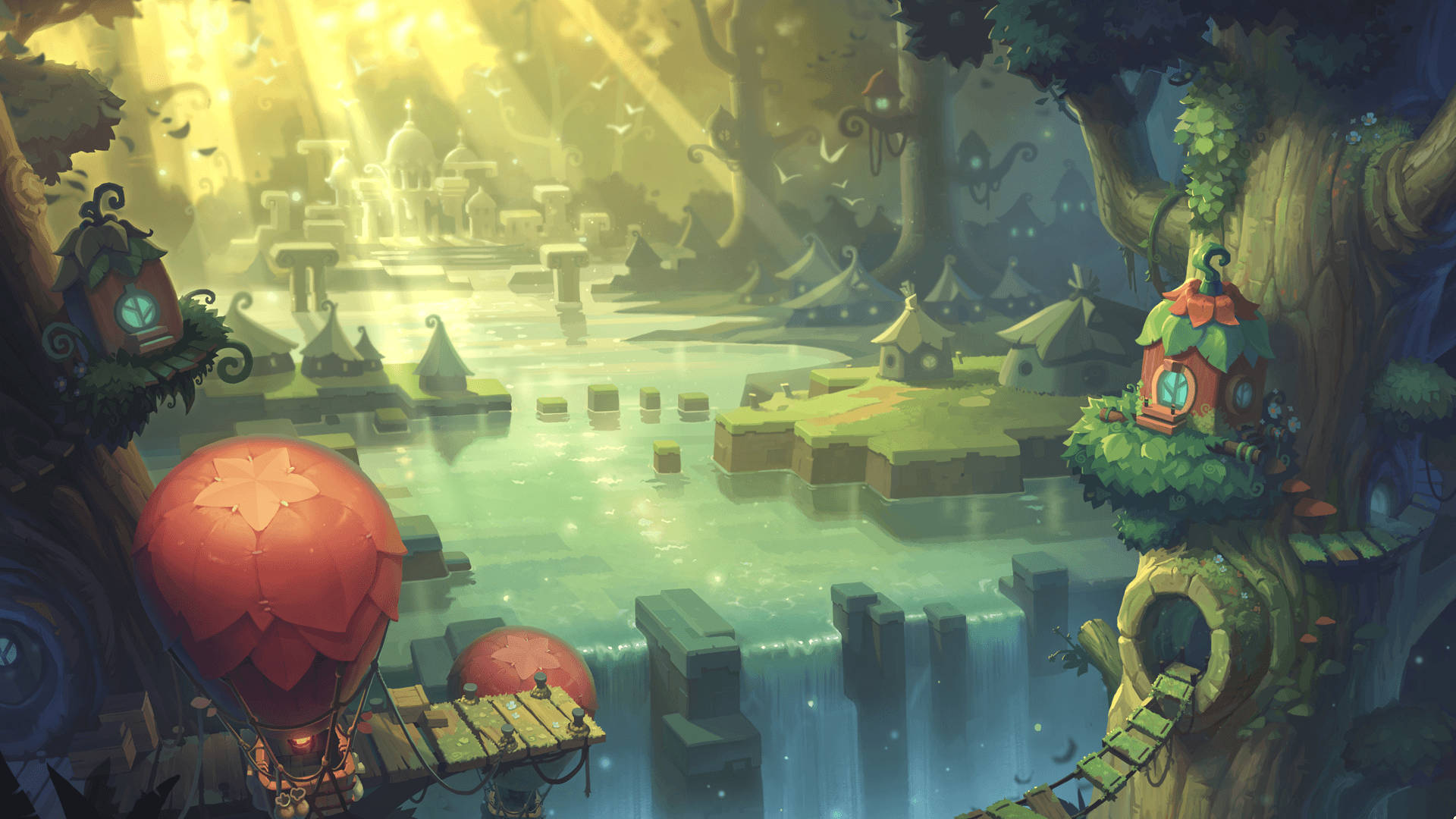 Maplestory 2 桌布 壁紙 — 一個奇幻的風景，有浮島、發光的燈籠和一個紅色熱氣球在霧氣瀰漫的河流上空飄蕩。