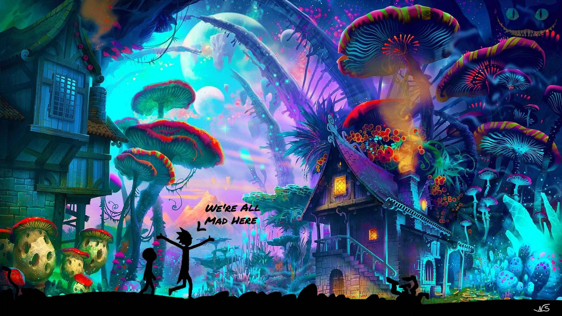 rick 桌布 壁紙 — 一個奇幻的風景，有發光的蘑菇、漂浮的島嶼和一個在超現實天空下的剪影人物。