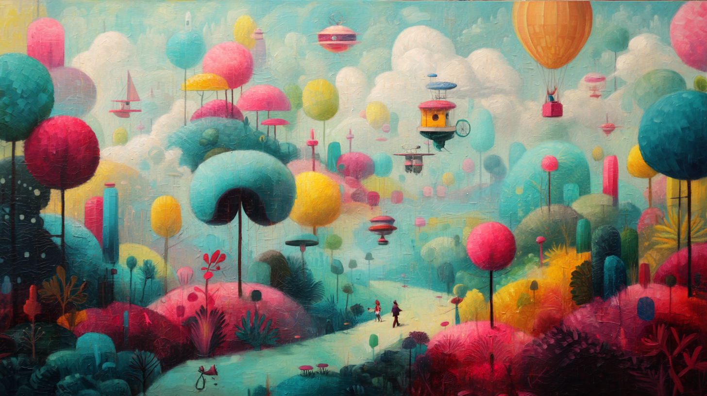 Balloon 桌布 壁紙 — 一個奇幻的風景，有色彩繽紛的氣球狀樹木和漂浮的房屋，在陰天天空下。