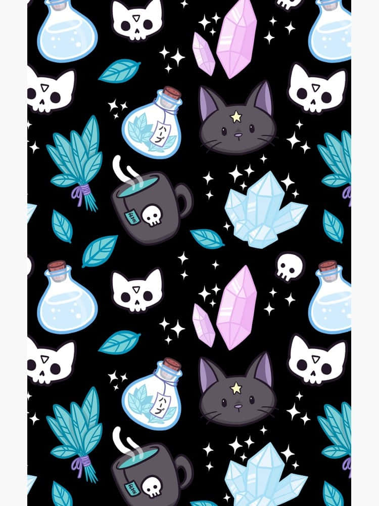 Cartoon Aesthetic iPhone 桌布 壁紙 — 一個奇幻的黑色背景圖案， featuring 可愛的貓頭骨、水晶和藥水瓶，配上閃爍的星星。
