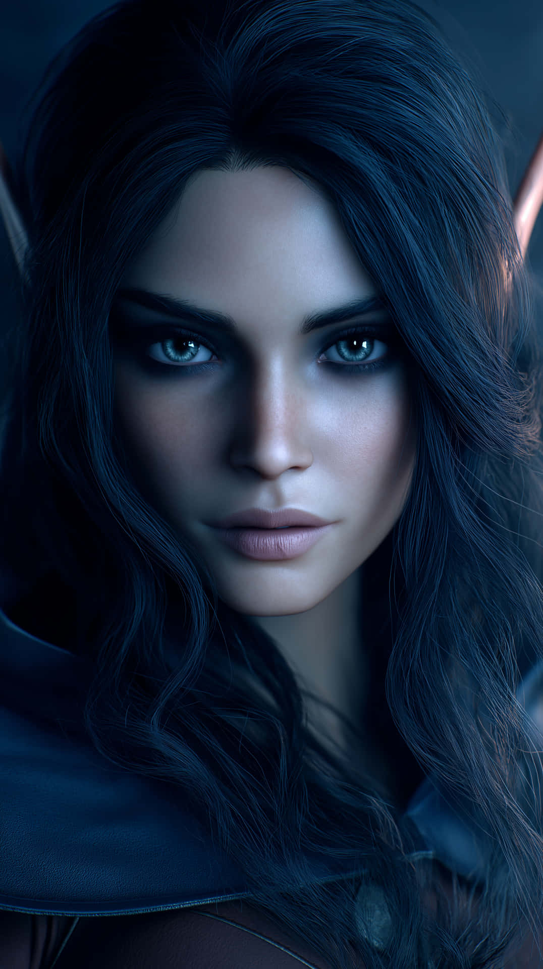 Intense Gaze of a Lore-Inspired Female Figure 壁紙 — 一個奇幻精靈女性的特寫肖像，長長的黑髮和發光的綠色眼睛，在戲劇性的藍色燈光下。
