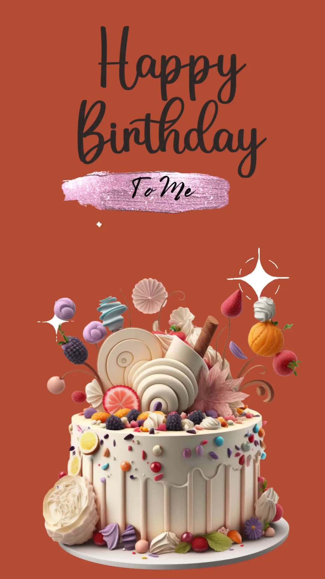  壁紙 — 一個奇思妙想的生日蛋糕，飾以色彩繽紛的糖果、水果和漩渦，背景是溫暖的赤陶色，並帶有慶祝文字。