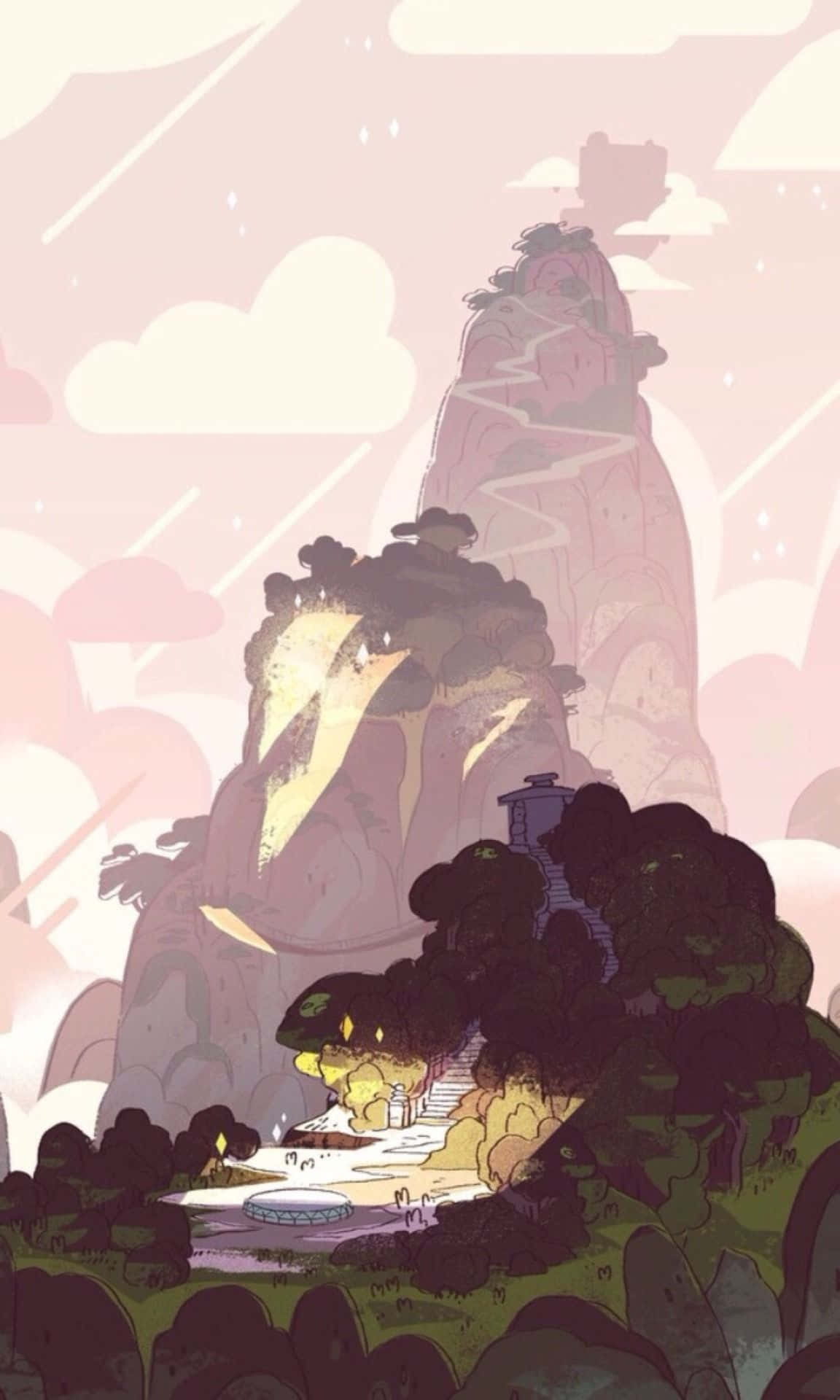 Nature Aesthetic Phone 桌布 壁紙 — 一個奇特的動畫景觀，有發光的山、漂浮的雲和一條通往發光水池的神秘小徑。