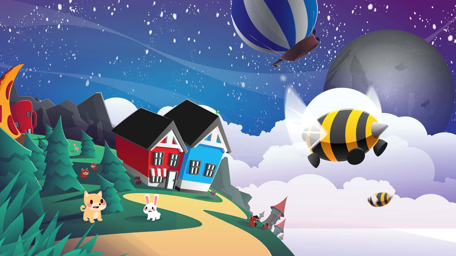 bees 桌布 壁紙 — 一個奇特的卡通景觀，色彩繽紛的房屋坐落在松樹之間，星空下熱氣球和蜜蜂飛舞。