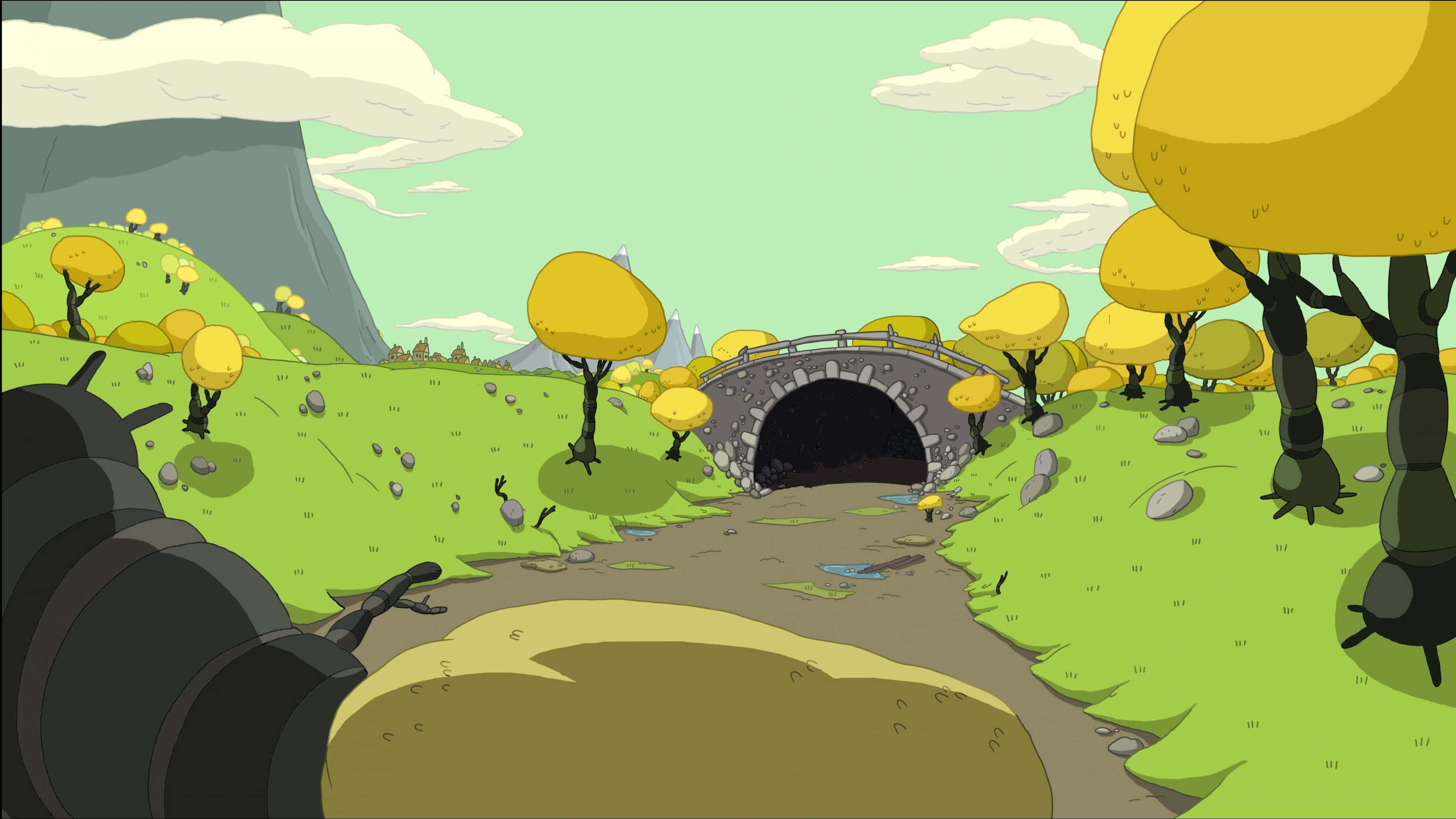 桌布 壁紙 — 一個奇特的卡通風景，有一座石橋橫跨溪流，周圍是黃頂樹木和連綿起伏的綠色山丘。