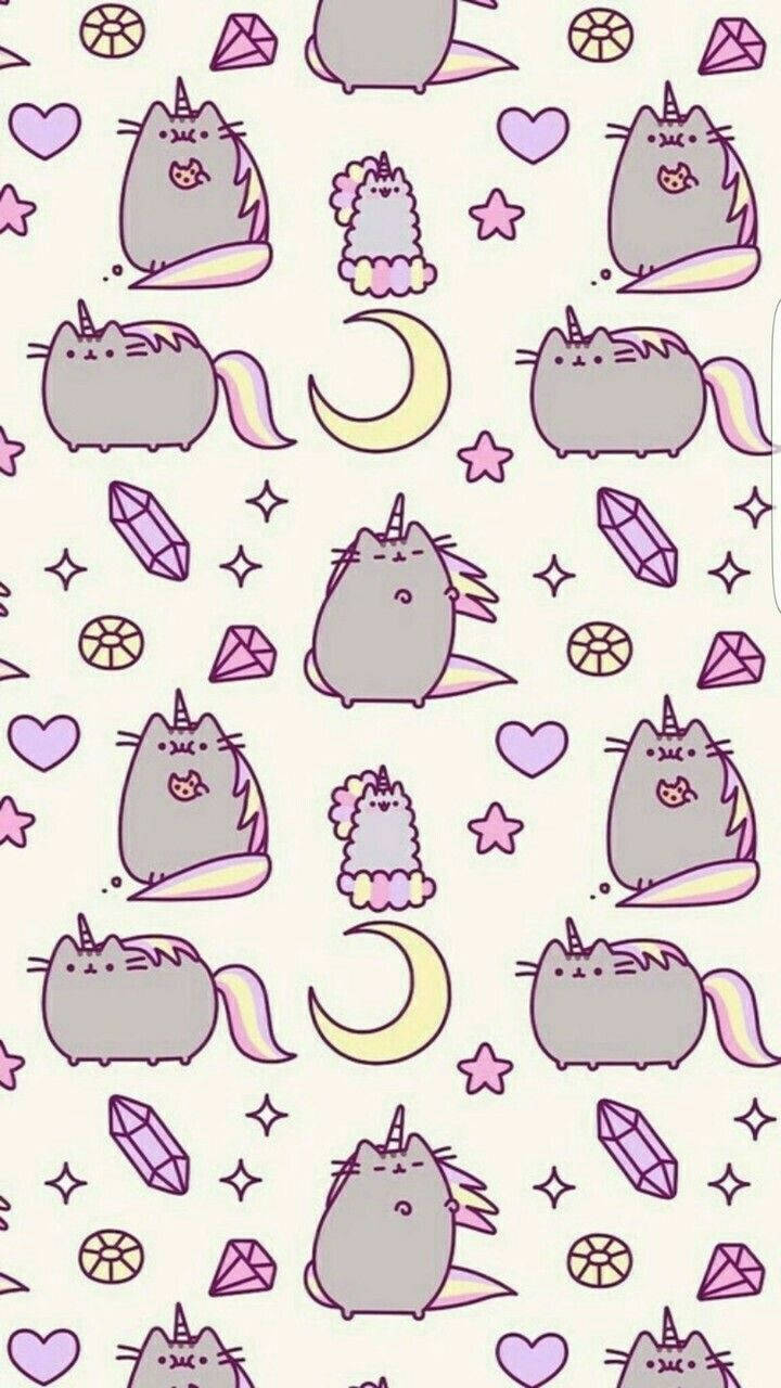pusheen 動圖 桌布 壁紙 — 一個奇特的壁紙圖案， featuring cute gray cats with unicorn horns and rainbow tails surrounded by hearts stars and crystals.
