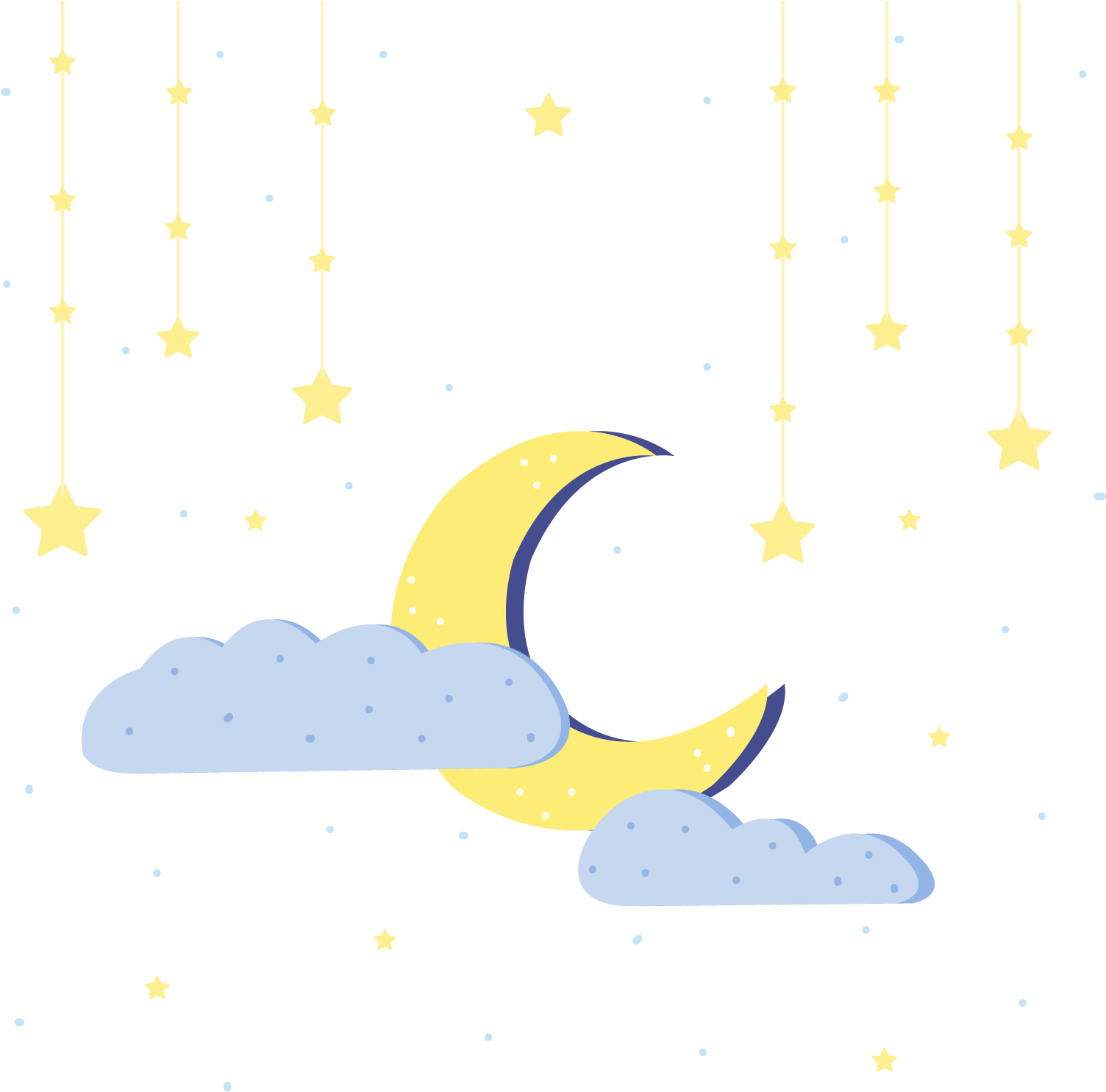 Good Night 桌布 壁紙 — 一個奇特的夜空，有黃色的新月和淺藍色的雲，點綴著懸掛的金色星星，背景為黑色。