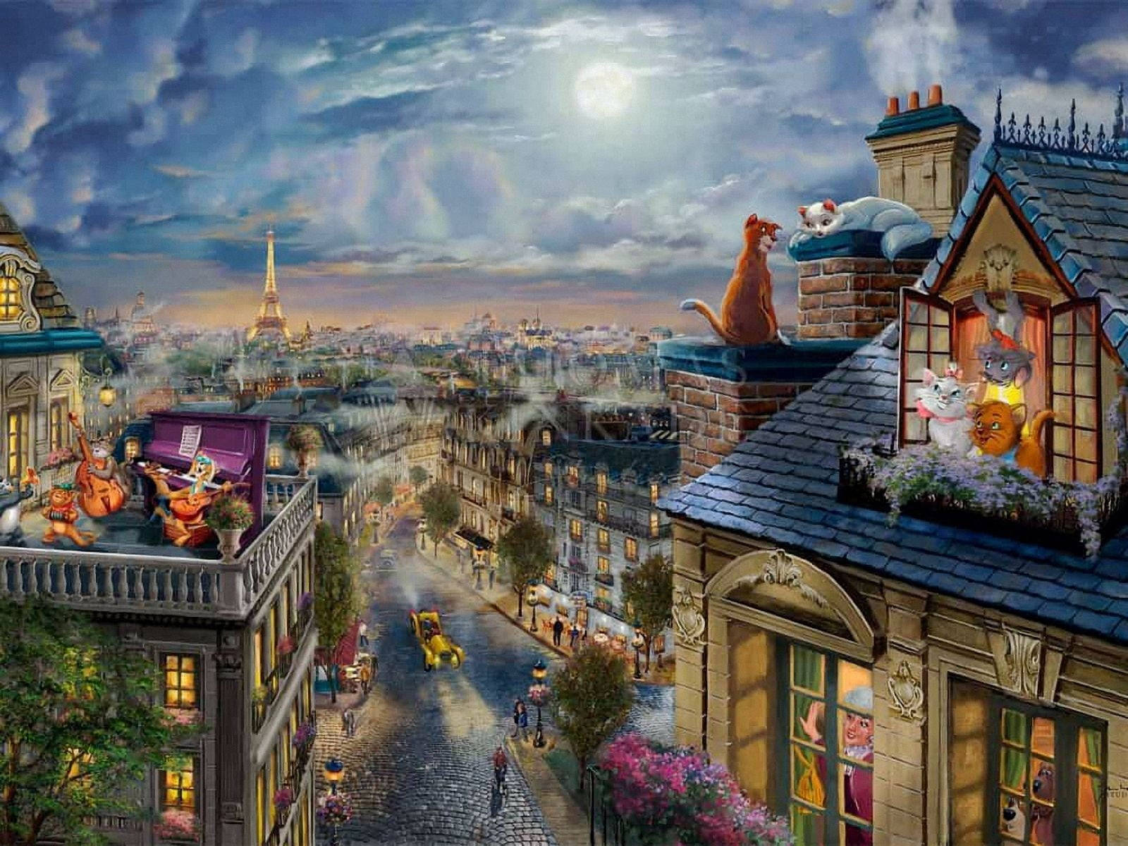 aristocats 桌布 壁紙 — 一個奇特的巴黎屋頂夜景，貓咪在滿月下演奏音樂並觀看艾菲爾鐵塔。