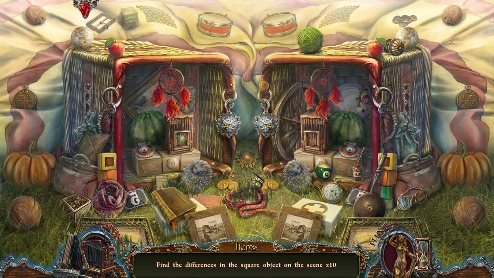 Dark Tales 桌布 壁紙 — 一個奇特的幻想場景，草地上有兩個相同的帳篷，裡面裝滿了神秘物品和南瓜。