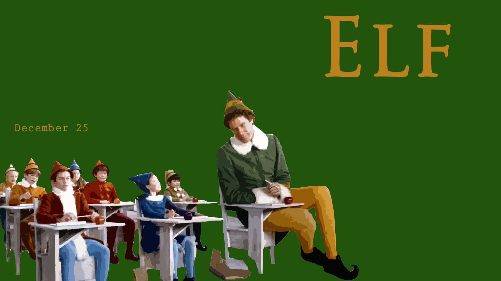 Elf Zoom 桌布 壁紙 — 一個奇特的教室場景，有一位疲倦的精靈老師和戴著節日帽的學生坐在書桌前，背景為綠色，帶有「ELF」和「December 25」文字。