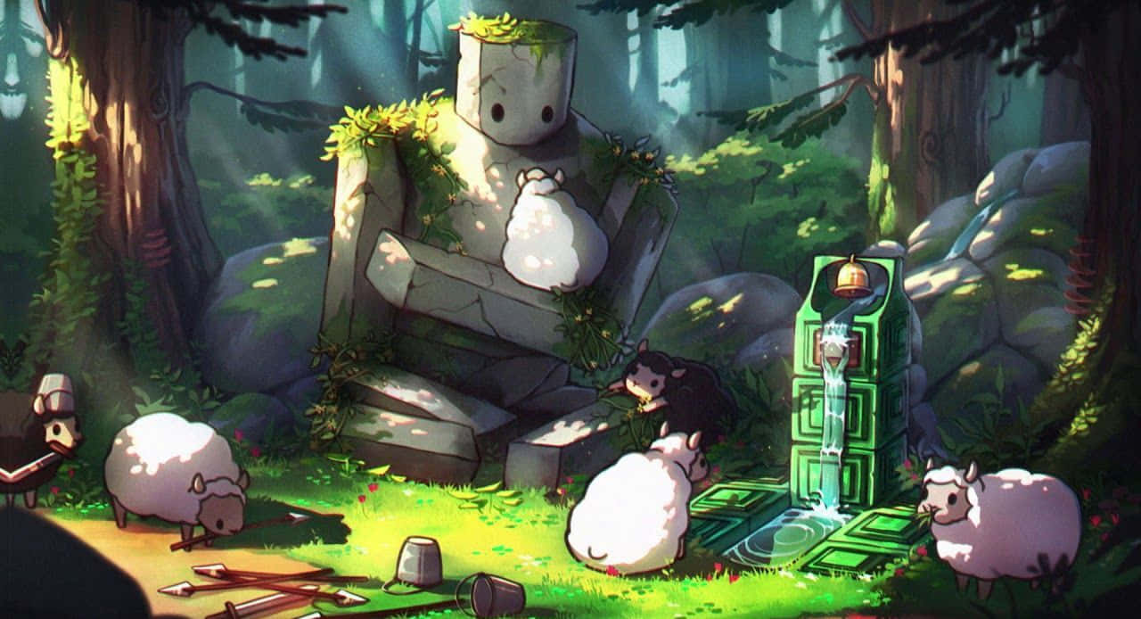 Minecraft Fan Art 桌布 壁紙 — 一個奇特的森林場景，羊群在長滿苔蘚的石頭巨人和發光的綠色噴泉附近吃草。