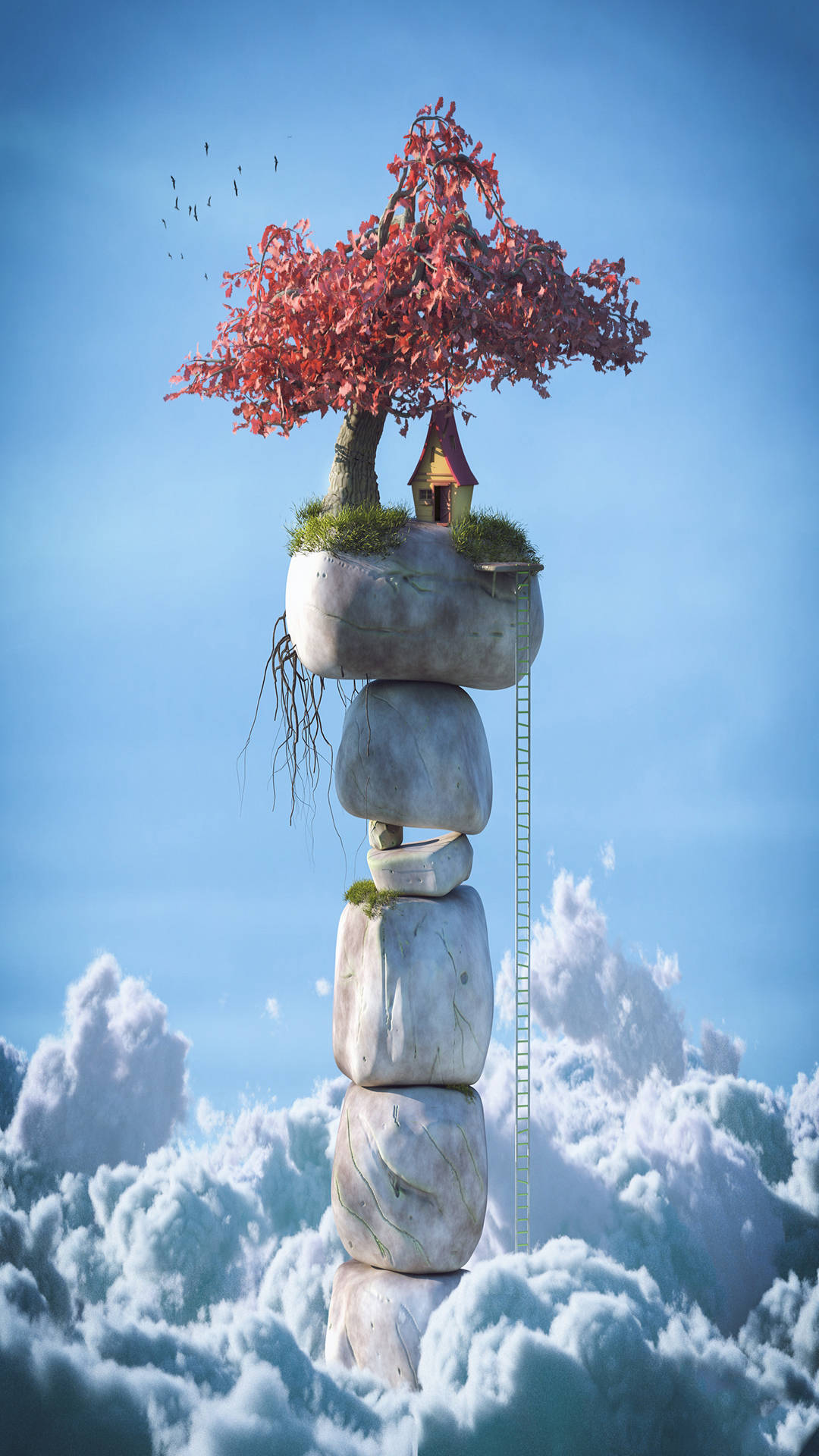 禪 桌布 壁紙 — 一個奇特的樹屋，棲息在雲端堆疊的石頭上，配有梯子和頭頂飛翔的鳥兒。
