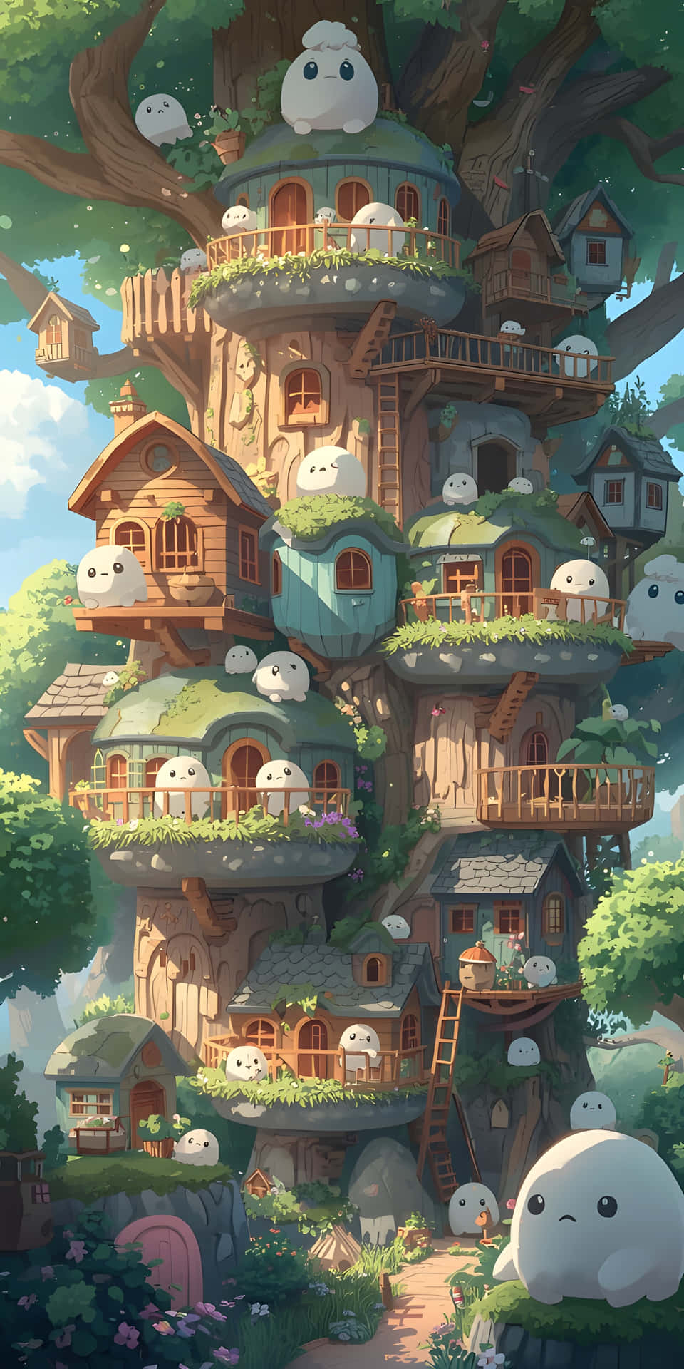 Cute Little Spirits and Green Treehouse Towers Wallpaper 壁紙 — 一個奇特的樹屋村莊，有粉彩小屋和可愛的幽靈狀生物，隱藏在茂密的綠植中，天空明亮。