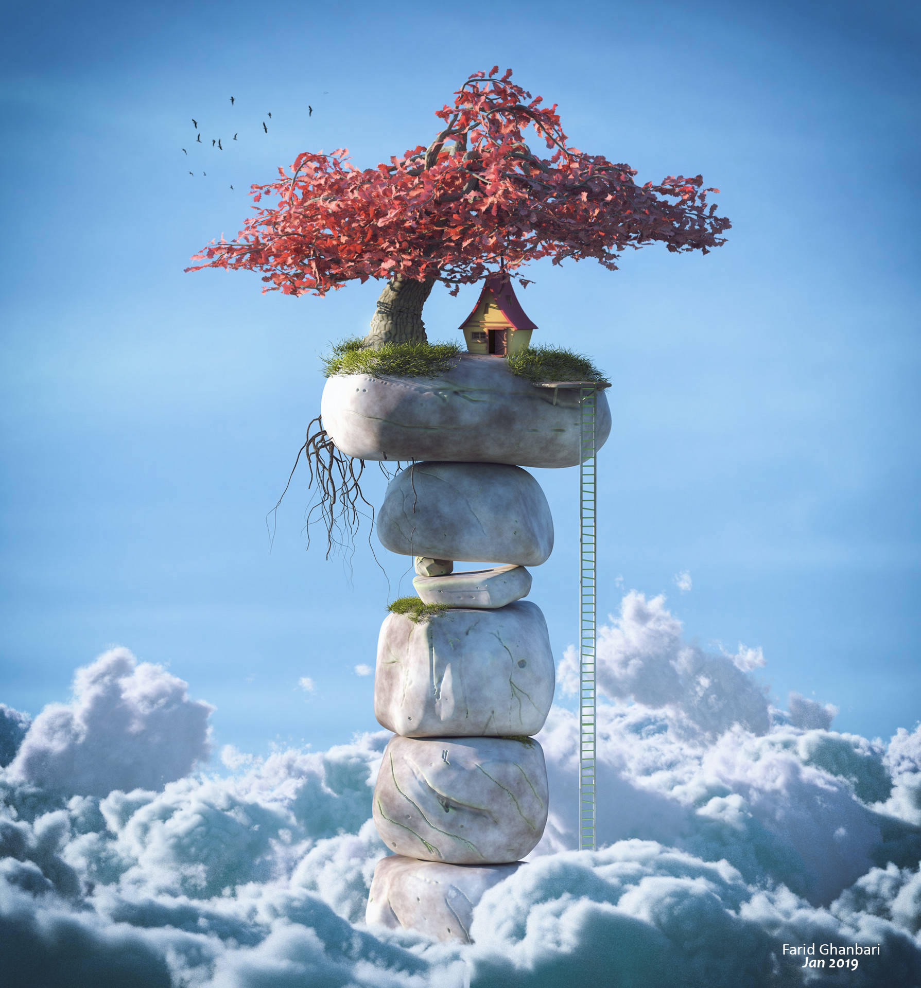 3D 桌布 壁紙 — 一個奇特的樹屋棲息在一堆浮石上，天空充滿了蓬鬆的雲朵和鳥兒。